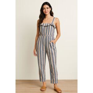 Dip Jumpsuit Womens Large Blue White Stripe Linen Blend Ruffle Wide Leg Cropped